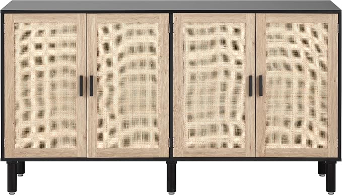 Finnhomy 4 Door Sideboard Buffet Cabinet, Kitchen Storage Cabinet with Rattan Decorated Doors, Cupboard Console Table, Boho Accent Liquor Cabinet, Bar Cabient, 62.3X 15.7X 34.6 Inches, Black