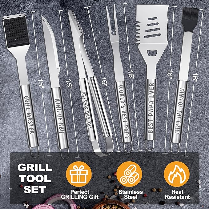 Papa Gifts, Papa Gifts from Grandkids Heavy Duty Grilling Accessories Kit for Backyard BBQ, Thick Stainless Steel Grill Utensils with Non-Slip Handle Tool on Christmas Birthday