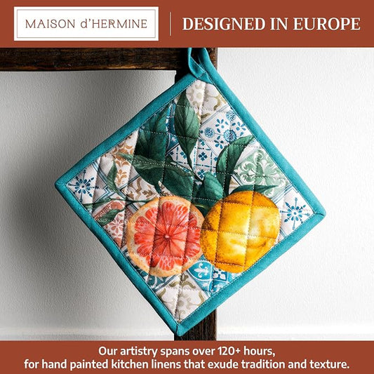 Maison d' Hermine Pot Holders 100% Cotton Potholders (8" x 8", Pack of 1) | Heat Resistant Hot Pads with Loop BBQ Cooking Baking Farmhouse Kitchen Handling Hot Pans Spring Summer - Agrume