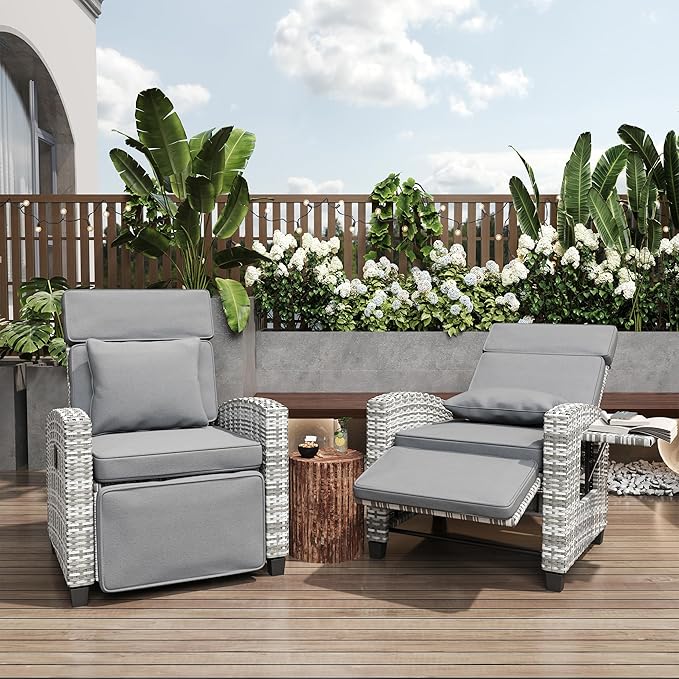 Garvee Outdoor Recliner Chair, Reclining Patio Chairs with 145° Adjustable Backrest & Footrest, Wicker Recliner Chairs with Flip Table and Removable Olefin Cushion for Poolside, Deck, Balcony, Gray
