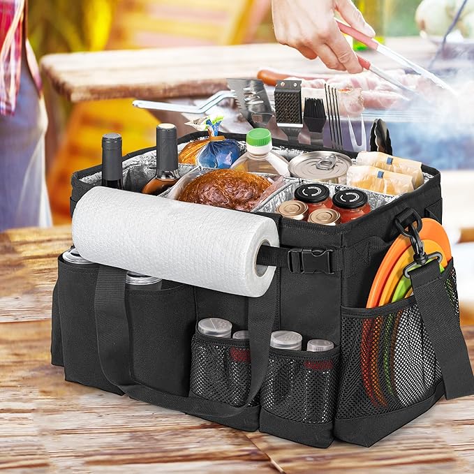 HODRANT Large Grill Utensil Caddy with Paper Towel Holder, Outdoor Picnic Bag Organizer for BBQ Supplies Tool, Tailgating Accessory Basket Camping Gear Must Haves for Cook Essentials, Black, Bag Only