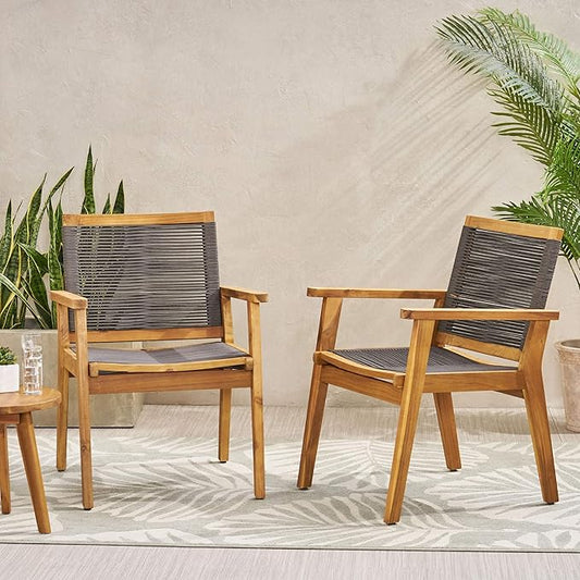 Christopher Knight Home Tracy Outdoor Acacia Wood Dining Chair with Rope Seating (Set of 2), Teak and Dark Gray