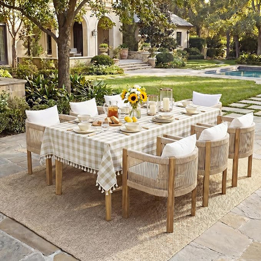 Softalker Checkered Tablecloth Rectangle, Outdoor Linen Cotton Gingham Table Cloth with Tassel, Heavy Duty Wrinkle Free Buffalo Plaid Table Cover for Kitchen Dining Summer Party - 55 x 84 Inch, Beige