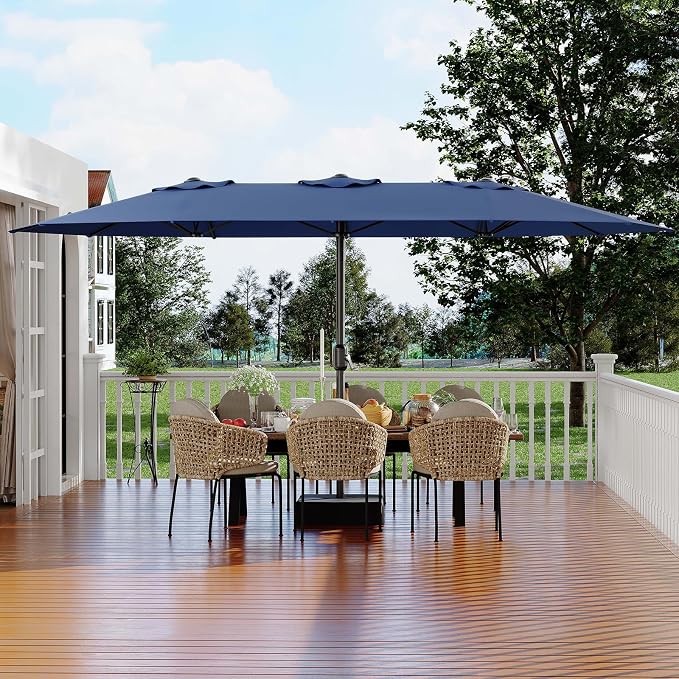 Garvee 15 ft Rectangular Patio Umbrella with Base Included - Large Patio Umbrella with Crank Handle, UV Protection for Outdoor Market, Backyard, Pool - Navy Blue | Rectangular Large Patio Umbrella with Crank Handle 48 LED Lights, UV Protection for Outd...