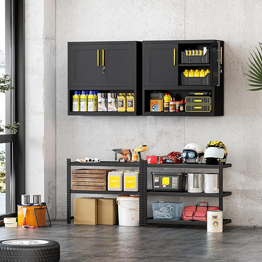 GAIOUS Metal Garage Wall Cabinet with Lock, Wall Mounted Steel Tool Cabinet with Door and Shelf, Medicine Cabinet with Open Area, Hanging Cabinet for Garage Warehouse Bathroom Kitchen, Black