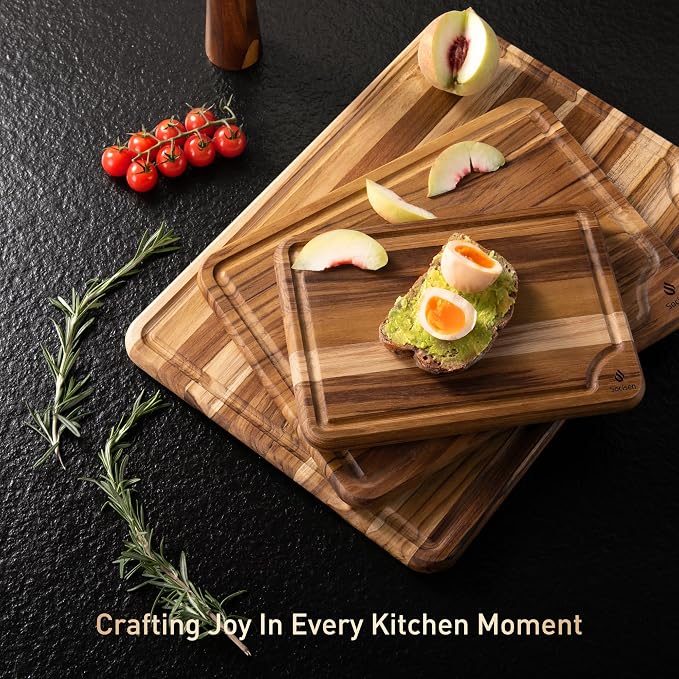 3 Pack Teak Wood Cutting Board Set for Kitchen Charcuterie Board Serving Heavy Duty Non Toxic Slip Over Sink Solid Thick Haus Wooden Chopping Board Large Big Small Meat Best Kitchen Mother Gift