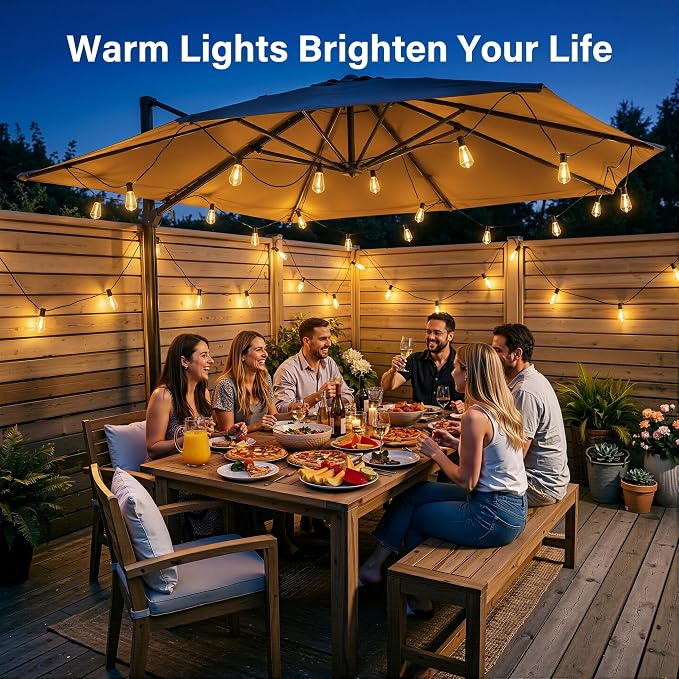 Ollny Outdoor String Lights 40FT, Bright Shatterproof Connectable Outside String Lights with 15 ST38 Vintage Edison Bulbs, 2200K Warm White Waterproof Patio Light for Yard Gazebo Porch Balcony