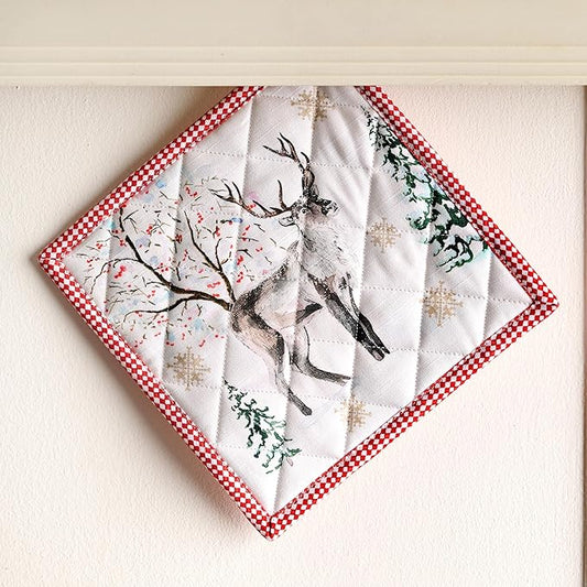 Maison d' Hermine Pot Holders 100% Cotton Heat Resistant Potholders 8" x 8" Hot Pads with Loop for Thanksgiving Christmas Decorations BBQ Cooking Baking Handling Hot Pans (Pack of 1, Rural Christmas)