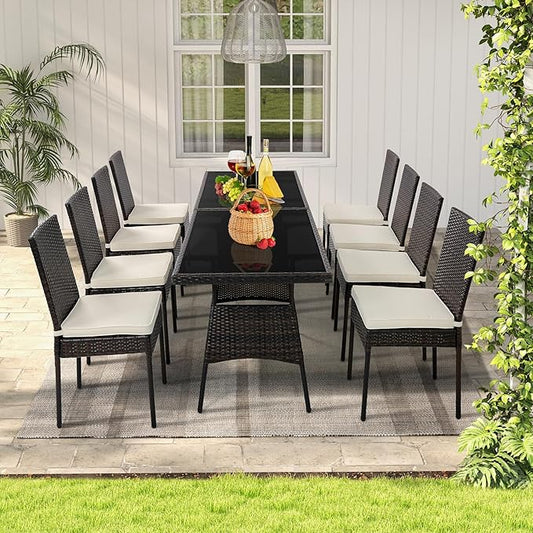 Tangkula 10 Pieces Wicker Patio Dining Set, Outdoor Rattan Table & Chairs Set with Padded Cushions, Patio Furniture Dining Glass Table Set for Balcony Patio Garden Poolside