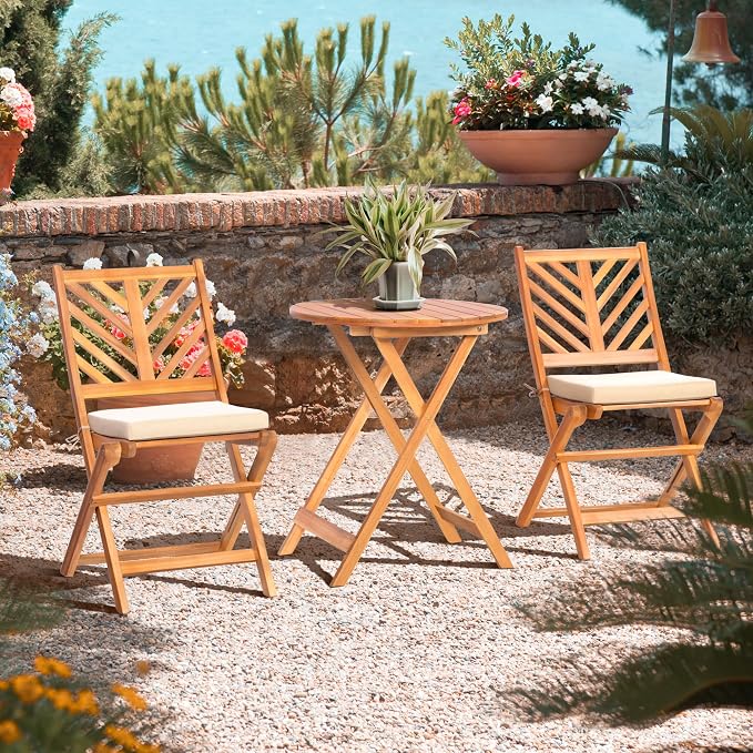 Werph 3-Piece Acacia Wood Patio Set, Foldable Bistro Table and Chairs Set | Small Patio Furniture Set with Cushions, Folding Balcony Chairs Table Set for Apartment, Balcony, Deck or Porch