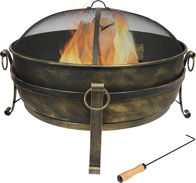 Sunnydaze 34-Inch Steel Large Fire Pit for Outside - Wood-Burning Fire Pit Bowl for Outdoors with Spark Screen, Log Poker, and Grate