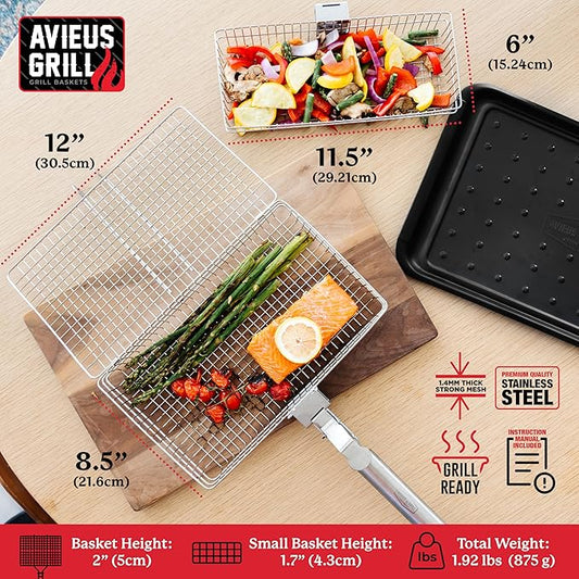 AVIEUS GRILL Grill Baskets for Outdoor Grill | 2 Grilling Baskets with Detachable Handle | Barbecue Grill Set with BBQ Gloves | Portable Camping Net Rack Perfect for Vegetables, Seafood & Meat
