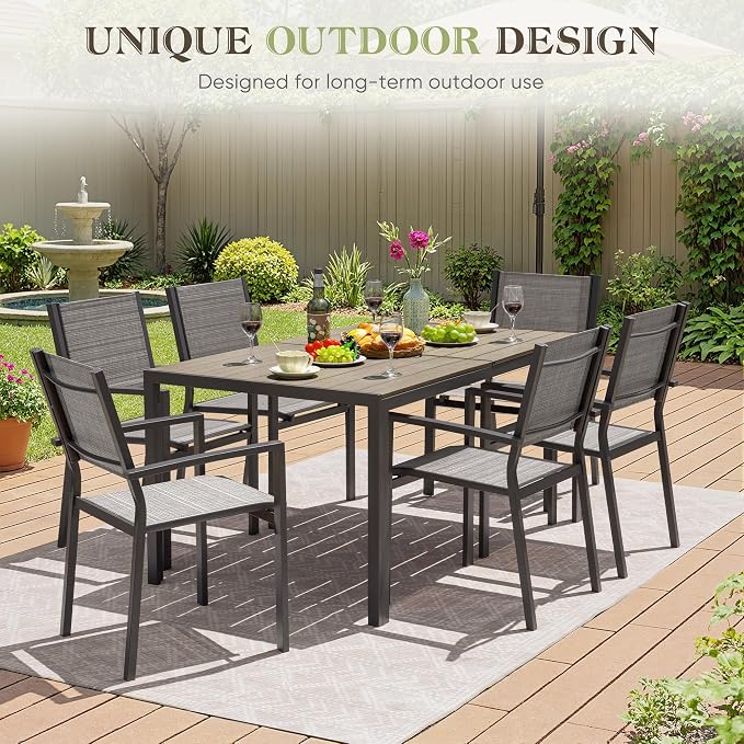 Greesum 7 Piece Patio Dining Set, Outdoor Furniture with Large Table & 6 Textilene Chairs for Garden, Poolside, Porch, Grey