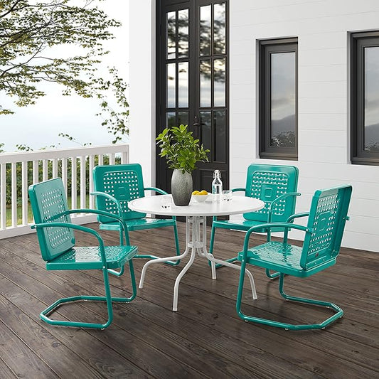 Crosley Furniture Bates 5-Piece Outdoor Dining Set for 4, Retro Metal Round Patio Table and Chairs for Deck, Turquoise Gloss