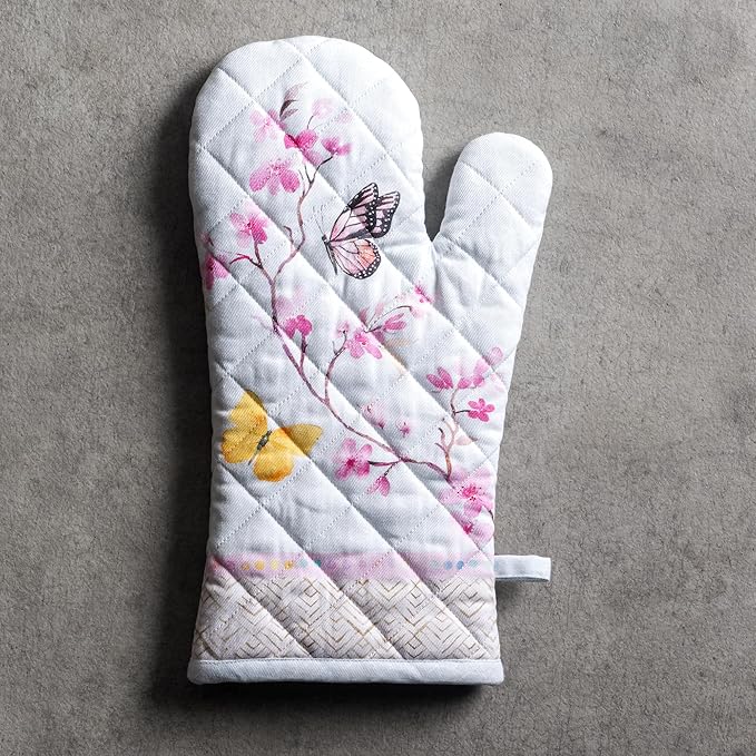 Maison d'Hermine Oven Gloves 100% Cotton Oven Mitt 7" x 13" with Loop Heat Resistant BBQ Cooking Gloves Baking Grilling Kitchen Hotel Home Farmhouse Spring Summer (Pack of 1, Blossoms in Spring)