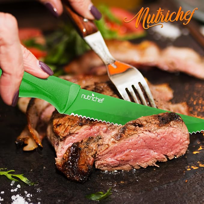 NutriChef Steak Knife Set of 8 - Premium Serrated Stainless Steel Kitchen Knife Set - Ergonomic Design, Sharp Blades, Non-Stick, & Rust-Resistant - Perfect for Home, BBQ's & Restaurants Green
