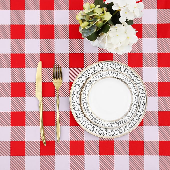 Buffalo Rectangle Picnic Tablecloth, 6 Foot Elastic Fitted Vinyl Table Cloth with Flannel Backing, Waterproof Plaid Table Covers for Dining, Camping, Outdoor (Red and White, 30" x 72")