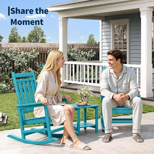 Garvee HDPE Rocking Chair Outdoor Set of 2 - Poly High Back Porch Rocker Chairs for Adults - All Weather Resistant Furniture for Patio Front Porch - Lake Blue