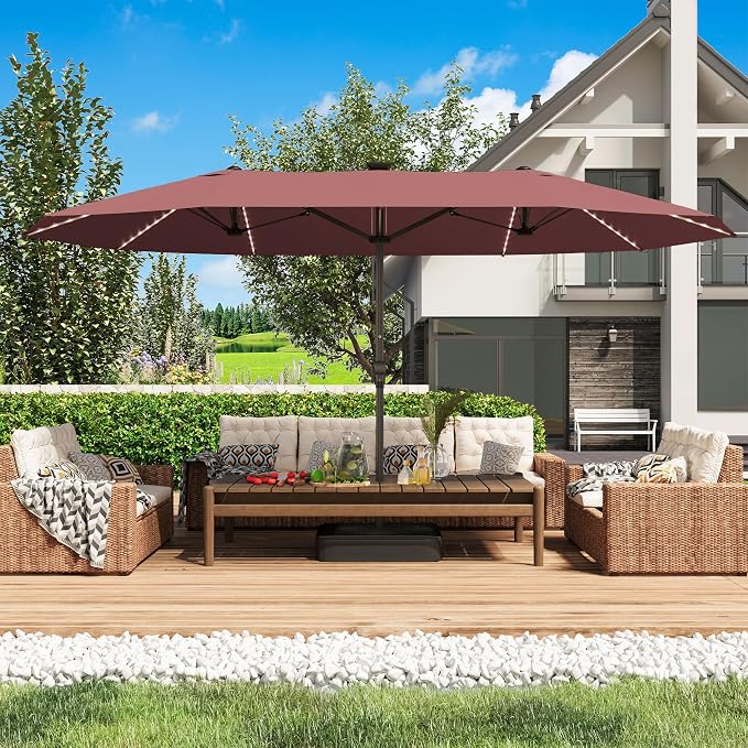 GDPFN 15ft Large Patio Umbrella with Solar Lights, Outdoor Double-Side Rectangular Umbrella with Base Included, Backyard Pool Umbrella with LED Light for Deck, Outside, Market, Burgundy