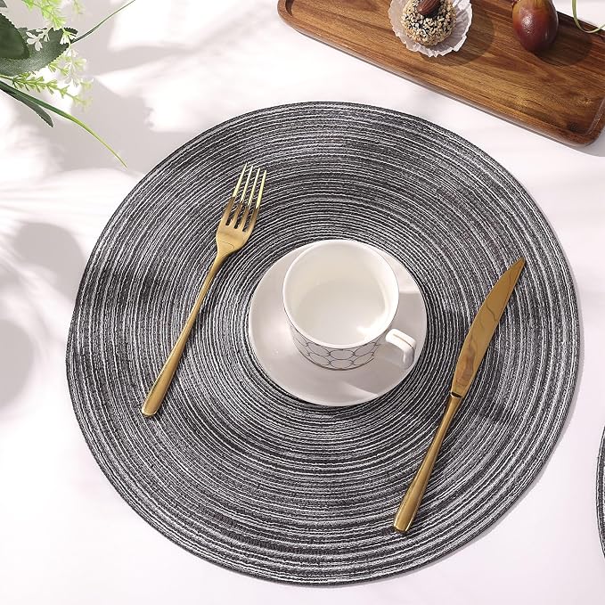 SHACOS Round Placemats Set of 4 Round Braided Placemats 15 inch Cotton Polyester Woven Table Placemats for Dining Table Holiday Party (Black Grey, 4)