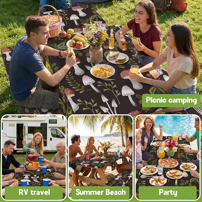 Picnic Table Cover with Bench Covers Waterproof Elastic Rectangle Furniture Fitted Table Cloth Tablecloth Glamping Camp Camper Camping Essentials Outdoor Road Trip Rv Car Travel Vacation Canping Gear