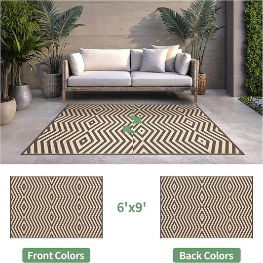GENIMO Outdoor Rug, Waterproof Plastic Rugs for Patio, 6'x9' Mocha Beige | Outside Larger Modern Carpet Mat for Porch Decor, Deck, Balcony, Camping, RV, Backyard, Picnic, Beach, Reversible, Foldable