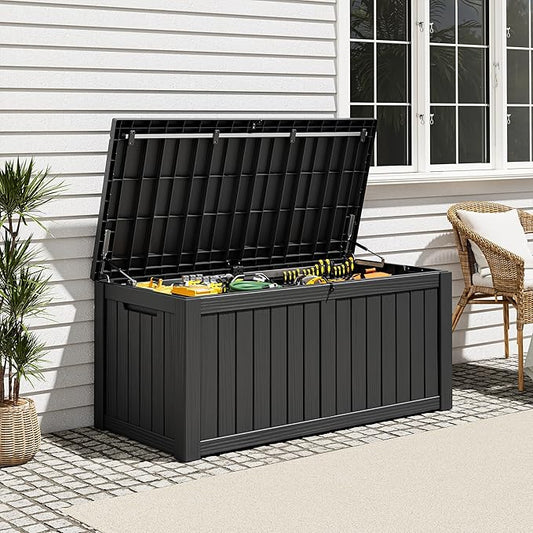 Outdoor Storage Deck Boxes Waterproof, Waterproof and UV Resistant Outdoor Storage Box Lockable Lid for Delivery Box, Indoor, Garden Tools, Pool Supplies, Patio (Black, 120 Gallon)