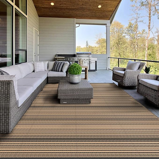 GENIMO Outdoor Rug, Waterproof Plastic Rugs for Patio, 9'x12' Light Brown | Outside Larger Modern Carpet Mat for Porch Decor, Deck, Balcony, Camping, RV, Backyard, Picnic, Beach, Reversible, Foldable