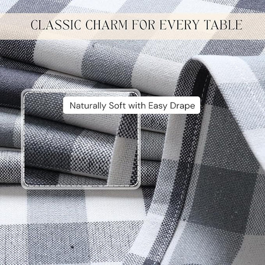 Light and Dark Grey with Natural Plaid Gingham Check Tablecloth, 60x84 Inches, 100% Cotton, Washable, Reusable Farmhouse Table Linen for Holiday, Weddings, Everyday Dining Table Cover