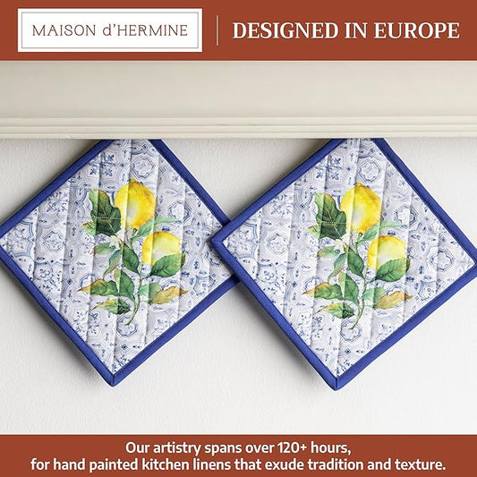 Maison d' Hermine Pot Holders 100% Cotton Heat Resistant Potholders 8" x 8" Hot Pads with Loop BBQ Cooking Baking Hotel Farmhouse Kitchen Handling Hot Pans Spring Summer (Pack of 2, Citrus)