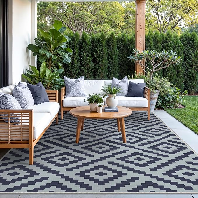 GENIMO Outdoor Rug, Waterproof Plastic Rugs for Patio, 5'x8' Slate Blue | Outside Larger Modern Carpet Mat for Porch Decor, Deck, Balcony, Camping, RV, Backyard, Picnic, Beach, Reversible, Foldable