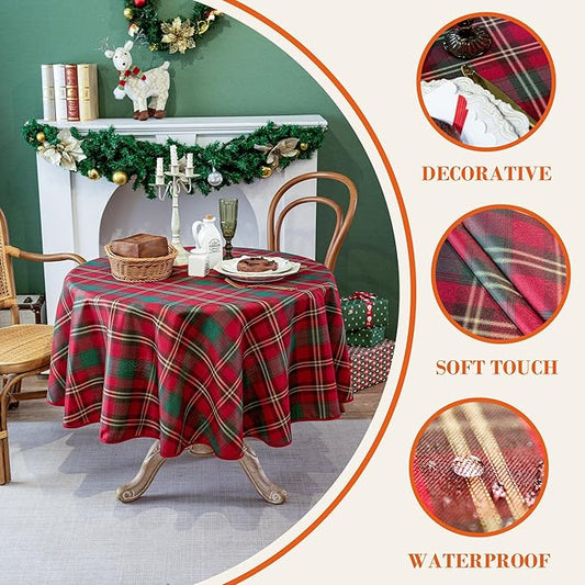 Plaid Tablecloth for Christmas, Checkered Style Table Cloth Holiday Family Gathering Rectangle Table Cover - Spillproof & Waterproof - Ideal for Indoor & Outdoor Use, Round 60"