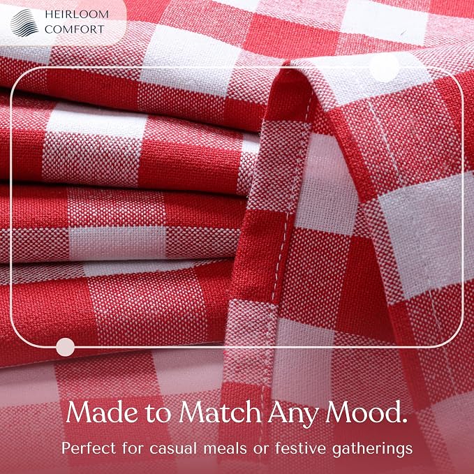 Gingham Checkered Tablecloth 60x102 Inch, 100% Cotton, Classic Check Pattern, Washable Table Cover for Farmhouse Decor, Picnics, Holiday Meals, Party, Everyday Dining, Red White