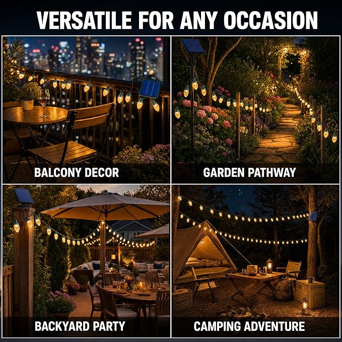 C9 Solar Powered LED Christmas String Lights 50 LED Waterproof Strawberry Light with 8 Mode Green Wire Lighting for Outside Patio Wedding Party Decor