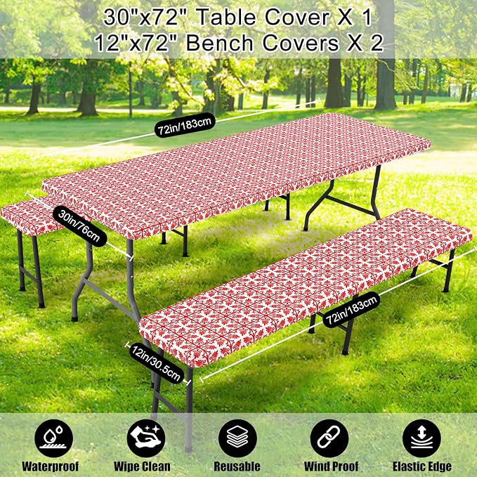Smiry Picnic Table Cover with Bench Covers, Waterproof Elastic Fitted Tablecloth for 6 Foot Tables, Washable Polyester Tablecloths for Camping, Indoor & Outdoor (Rose Red & White, 30x72 Inch 3-pc Set)