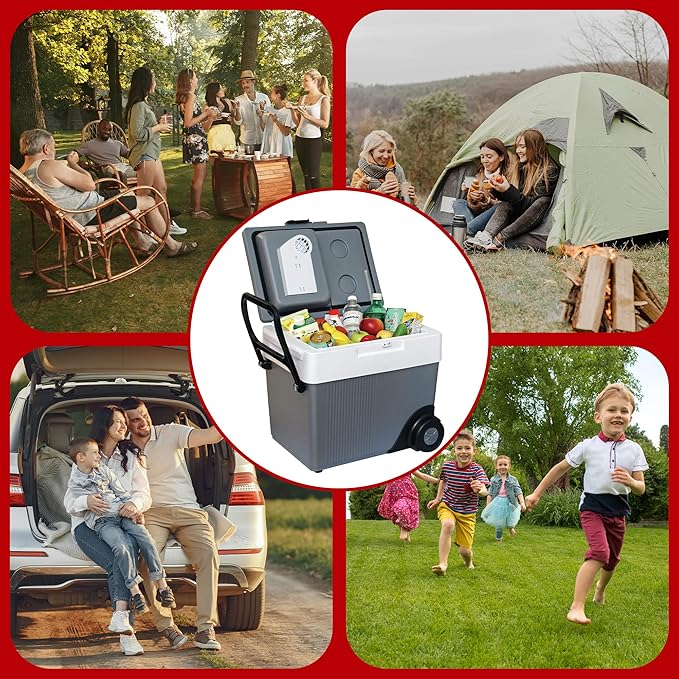 Koolatron Thermoelectric Iceless 12V Cooler/Warmer 33 qt (31 L) w/Wheels, Portable Electric Rolling Car Fridge w/ 12 Volt DC Power Cord, Grey/White, Travel Road Trips Camping, Made in North America