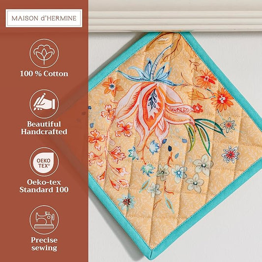 Maison d' Hermine Pot Holders 100% Cotton Heat Resistant Potholders 8" x 8" Hot Pads with Loop Cooking Baking Hotel Farmhouse Kitchen Handling Hot Pans Spring Summer (Pack of 2, Luxury Loft - Peach)