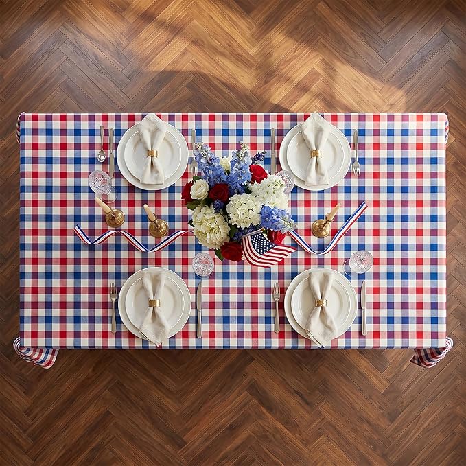Patriotic Waterproof Tablecloth - Red, White & Blue Buffalo Plaid Table Cover, Stain-Resistant & Washable, Indoor & Outdoor Picnic Tablecloth for 4th of July, Memorial Day W60 x L120 inch