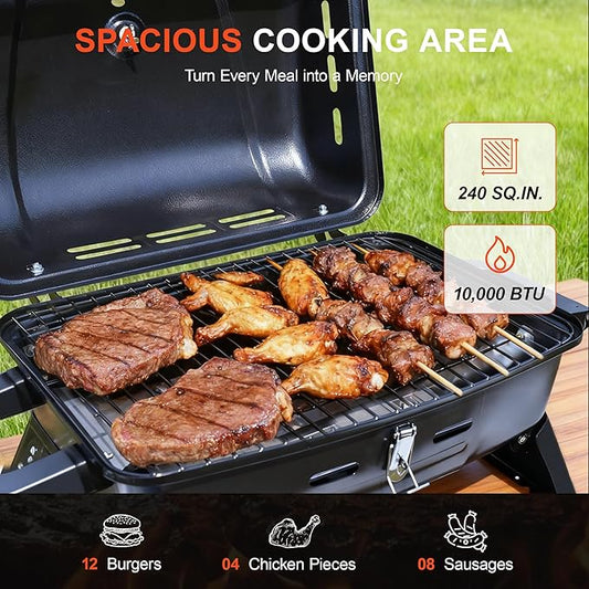Brand-Man Portable Gas Grill with Locking Lid Folding Legs 10,000 BTU Burner 240 sq.in. Cooking Area Tabletop Small Propane Grill Foldable for Outdoor Cooking, Backyard BBQs, Vacation Camping