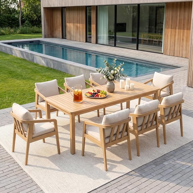 Wisteria Lane 9-Pieces Acacia Patio Table and Chairs Set for 8, Outdoor Dining Set with Umbrella Hole Table, Modern Patio Table Set with Cushion, Patio Furniture Set for Backyard Deck Garden Porch