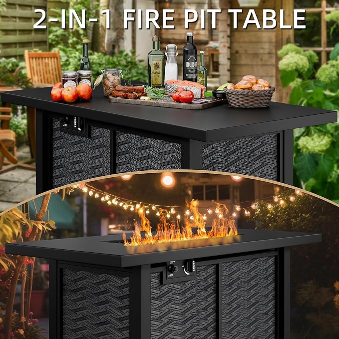 43" Propane Fire Pit Table with Glass Wind Guard & Lid, 50,000 BTU Outdoor Gas Fireplace, Weather-Resistant, Smokeless 2-in-1 Rectangular Coffee Table for Patio Garden