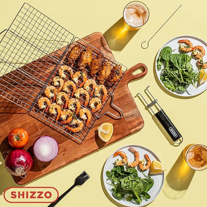 SHIZZO Shallow Grill Basket Set, Grilling Accessories Barbecue BBQ, Stainless Steel Folding Portable Outdoor Camping Rack for Fish, Shrimp, Vegetables, Cooking Accessories, Gift for Family, Freinds