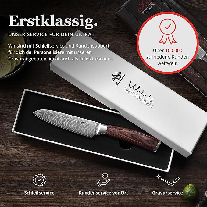 Wakoli EDIB Damascus Small Santoku Knife – 4.7-Inch Japanese Style Kitchen Knife | Genuine 67-Layer Damascus Steel Blade with VG10 Core | Ergonomic Pakkawood Handle | Multi-Purpose Cooking Knife