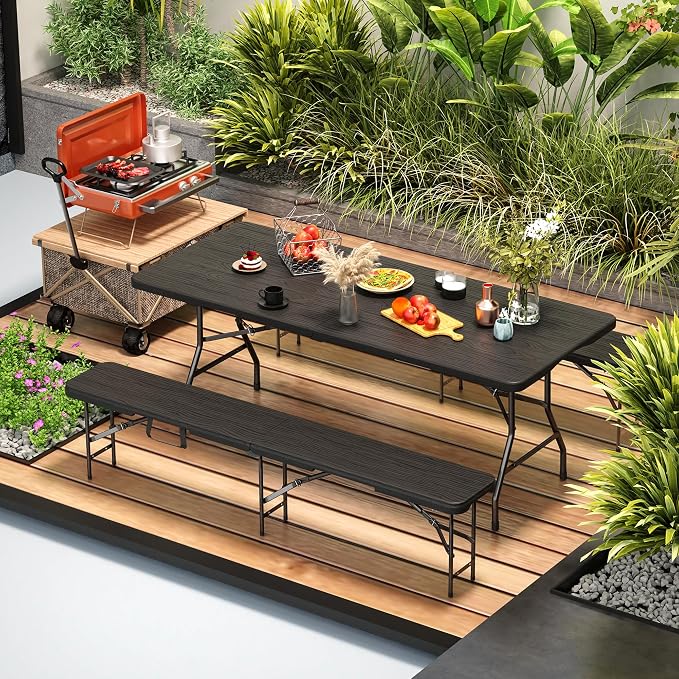 VSOAEIL 6 Foot Folding Picnic Table Set with 2 Benches, HDPE Tree Pattern Top, 3-Piece Portable Indoor Outdoor Furniture with Safety Locks & Handle for Party Camping, Black