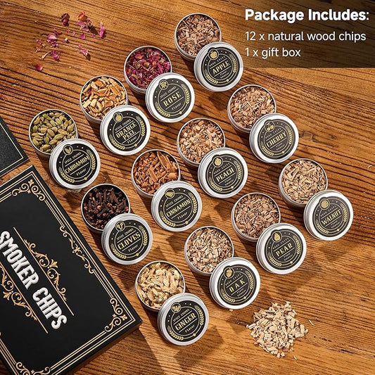 ComboJoy 12 Flavor Cocktail Smoker Wood Chips Gift Set for Men - Cinnamon, Cloves, Orange Peel, Cardamom, Rose, Ginger, Pear, Peach, Cherry, Apple, Oak, Walnut for Whiskey/Bourbon/Drinks Smoke Gun