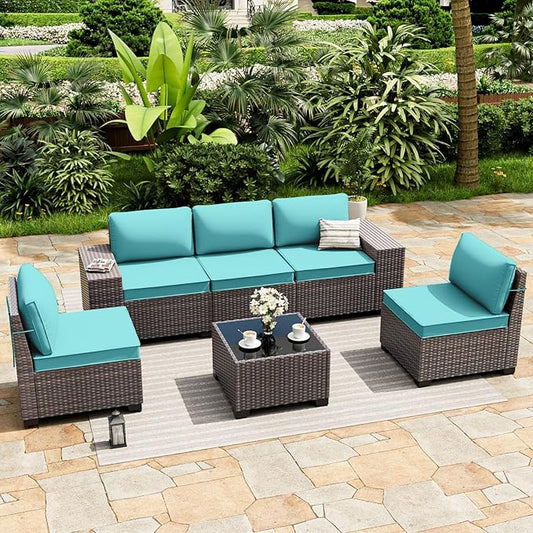 ALAULM 6 Pieces Patio Furniture Set, Oversized Seat/Armrest and High Back Wicker Sectional Furniture Set with Thick Cushion for Backyard, Garden, Red