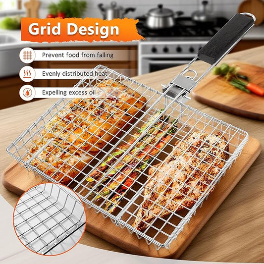 Fish Grilling Basket, Stainless Steel Grill Basket with Removable Handle, Portable Folding Grilling Rack for Outdoor Cooking Meat Vegetables Seafood BBQ