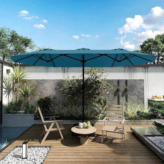 Kingdura 15ft Large Patio Umbrella with Base Included, Double-Sided Rectangle Outdoor Table Umbrella with 12 Reinforced Ribs, Crank Lift for Market Pool Deck Backyard, Lake blue