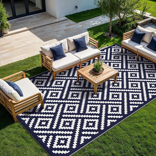 GENIMO Outdoor Rug, Waterproof Plastic Rugs 10'x14' for Camping Blue White | Outside Larger Modern Carpet Mat for Patio Decor, RV, Porch, Camper, Deck, Picnic, Beach, Backyard, Reversible, Foldable