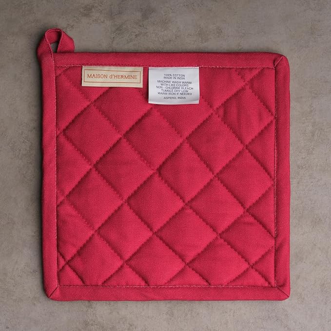 Maison d' Hermine Pot Holders 100% Cotton Potholders (8" x 8", Pack of 2) | Heat Resistant Hot Pads with Loop BBQ Cooking Baking Kitchen Handling Hot Pans Thanksgiving Christmas - Equinoxe - Beige